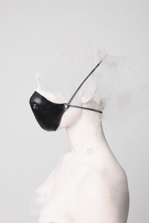 mask model water-color latex black white photography nude seen from side