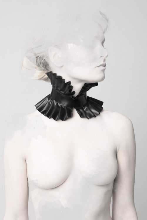 Pleated-collar-on-model-front latex victorian nude model